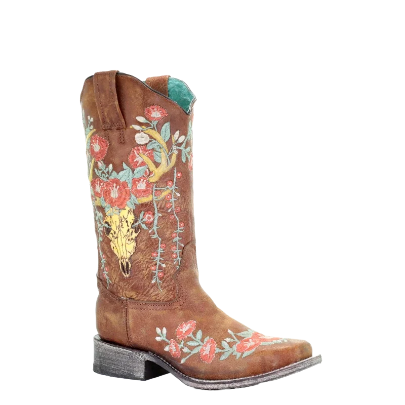 Corral Ladies Tan Deer Skull Overlay & Floral Embroidery Boots A3708