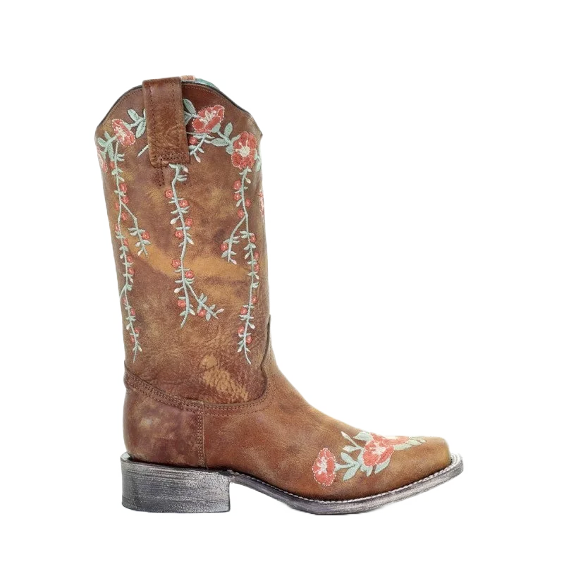 Corral Ladies Tan Deer Skull Overlay & Floral Embroidery Boots A3708