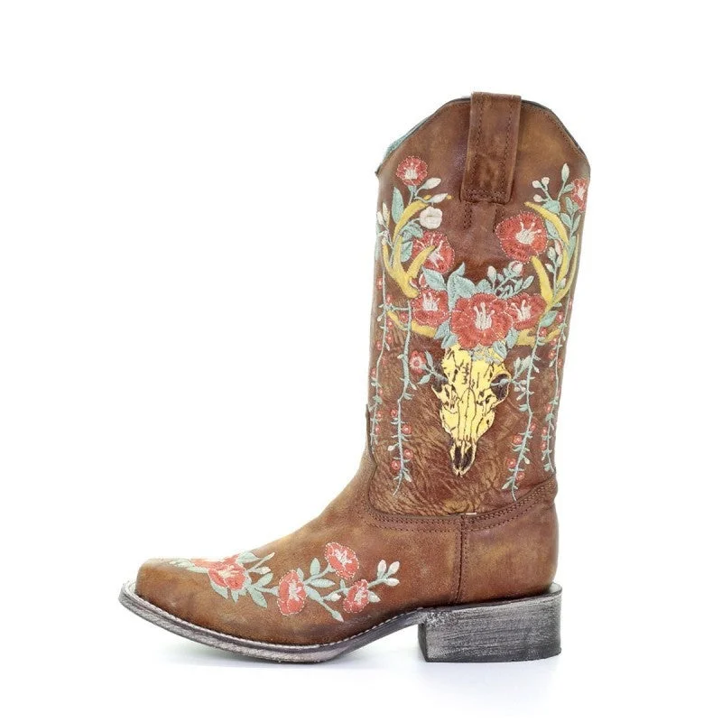 Corral Ladies Tan Deer Skull Overlay & Floral Embroidery Boots A3708