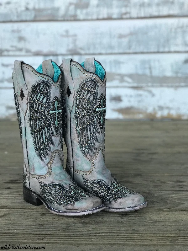 Corral Ladies Turquoise Cross & Wings Overlay & Studs Boots A3743