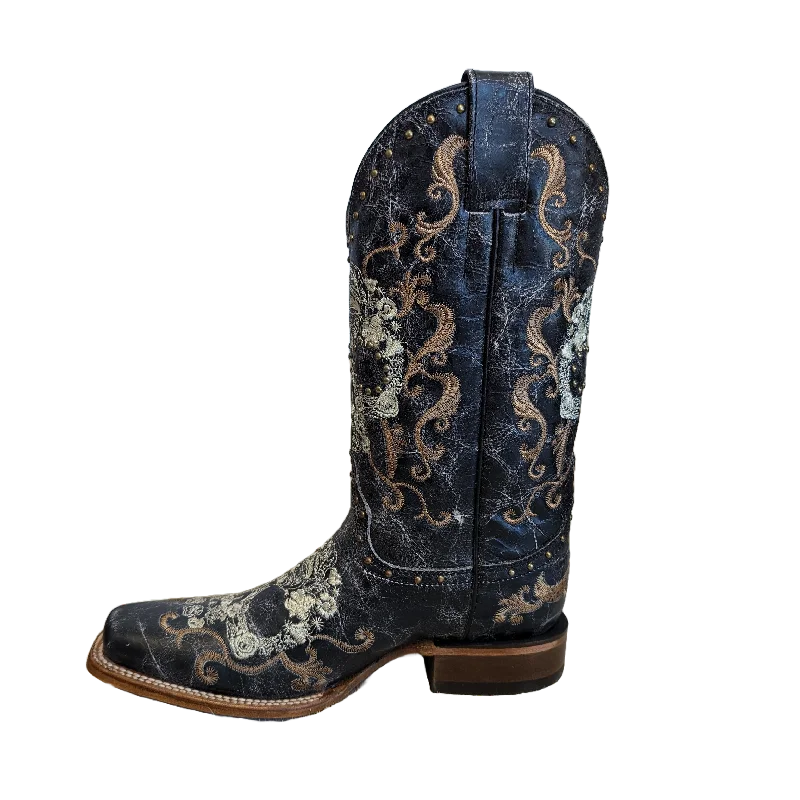 Corral Ladies White Floral Skull & Studs Black Leather Boots Z5005