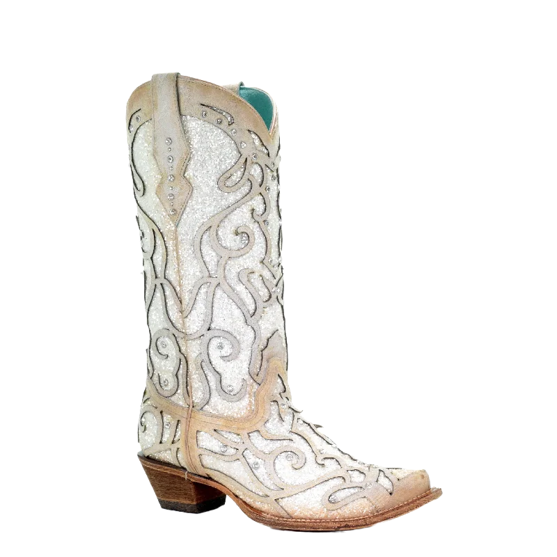 Corral Ladies White Glitter Inlay/Crystals Sniped Toe Boot C3434