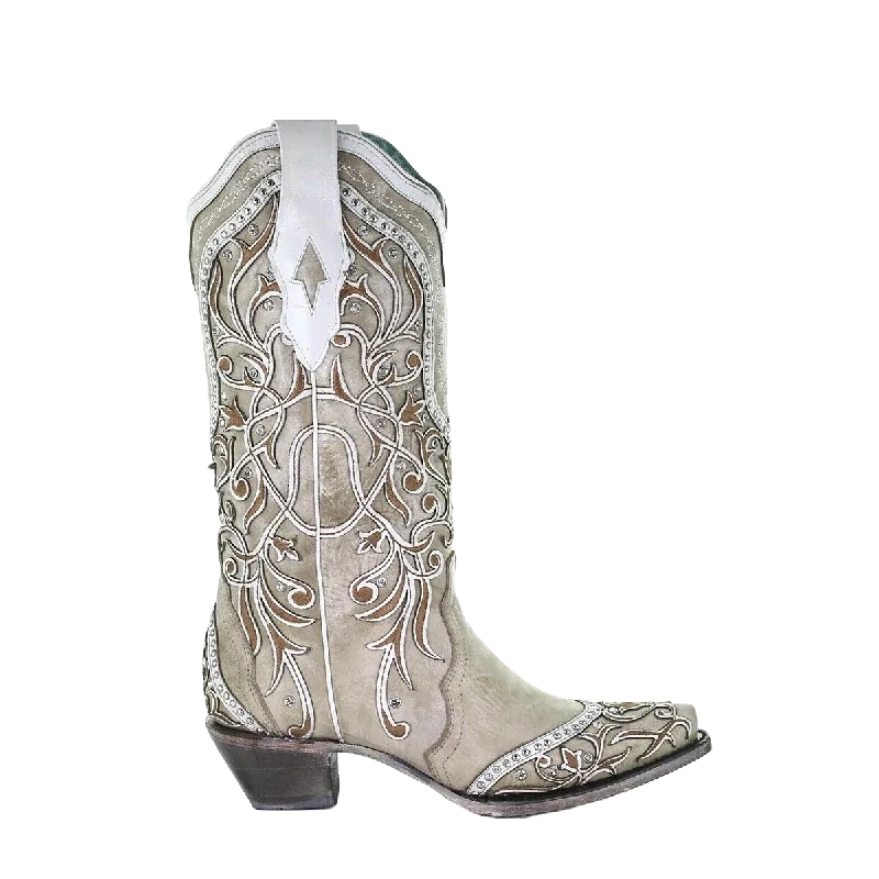 Corral Ladies White Overlay With Studs & Crystals Leather Boots A3837