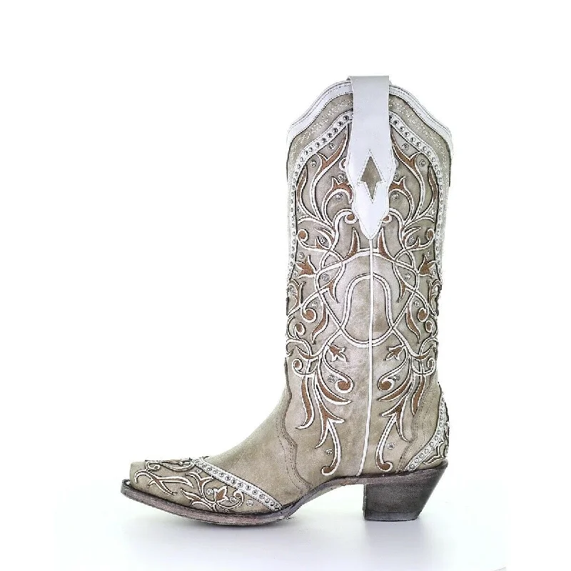 Corral Ladies White Overlay With Studs & Crystals Leather Boots A3837