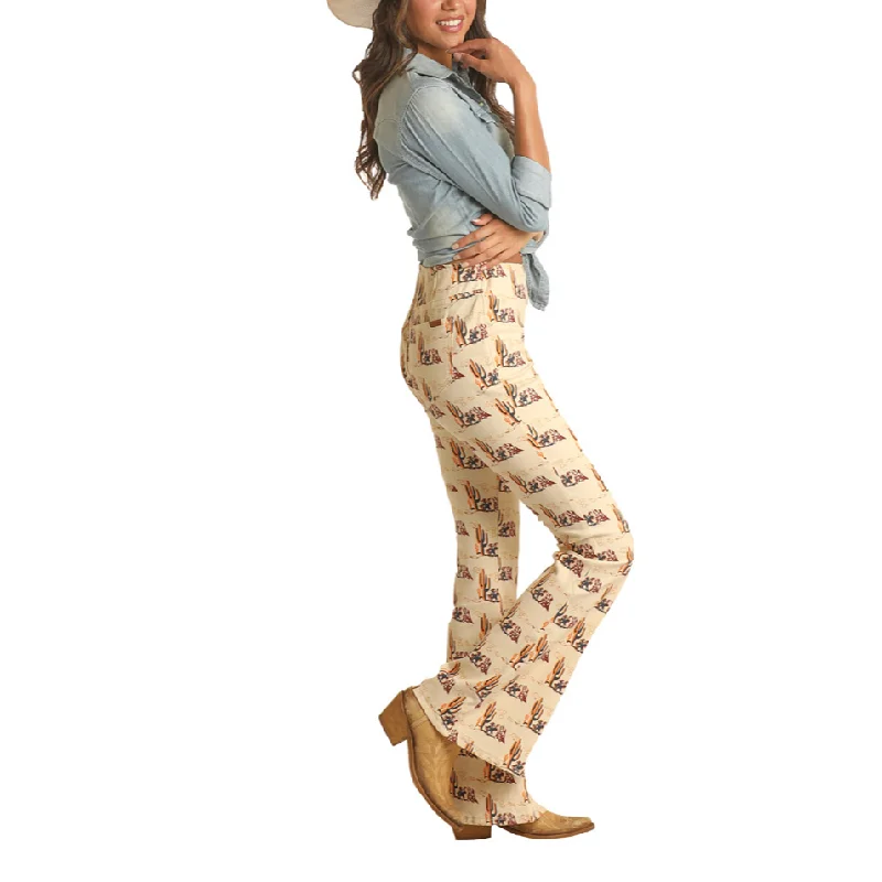 Rock & Roll® Ladies Pull On Western Print Beige Flares RRWD6PRZUB