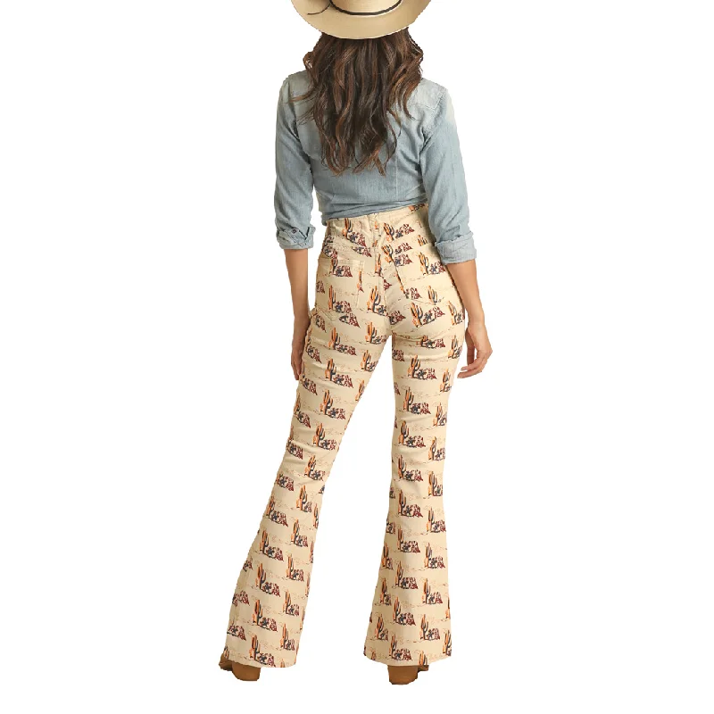 Rock & Roll® Ladies Pull On Western Print Beige Flares RRWD6PRZUB