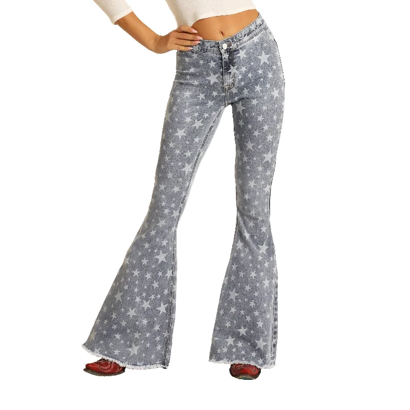 Rock & Roll Denim Ladies Star Print Bell Bottom Jeans WPB9759