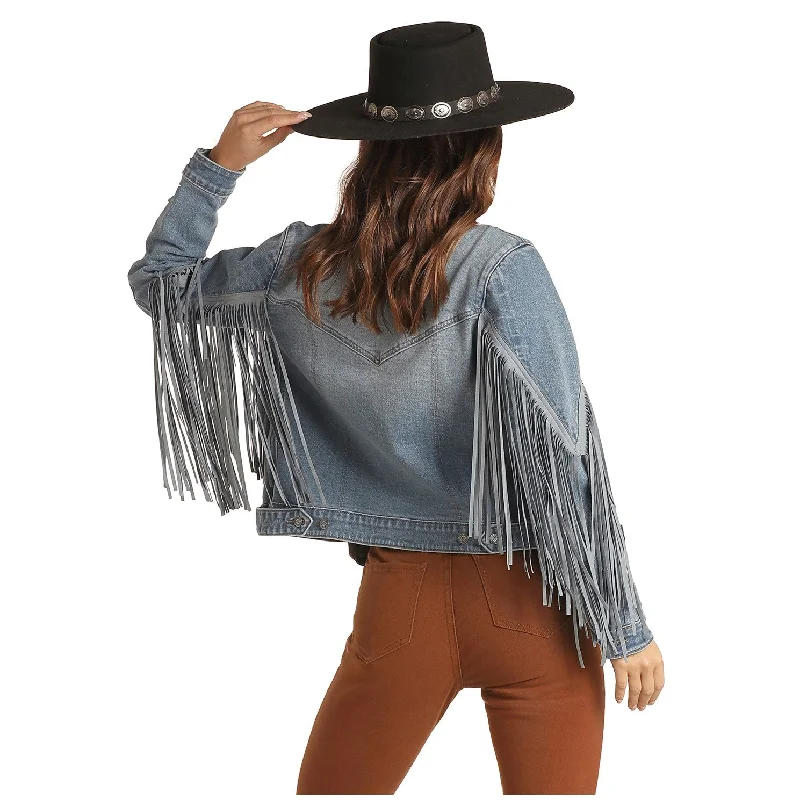 Rock & Roll Cowgirl Ladies Suede Fringe Light Wash Denim Jacket 52-1708