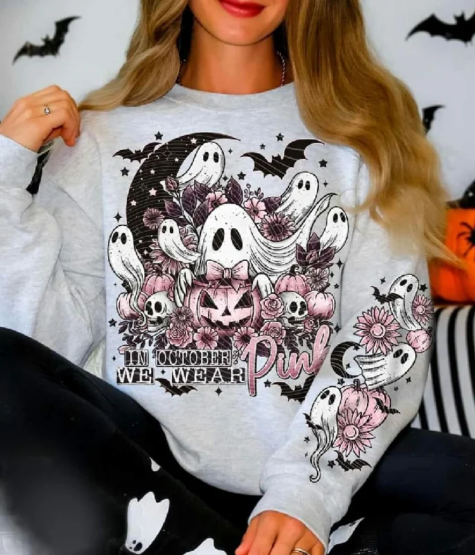 SPOOKY BREAST CANCER AWARENESS- CREWNECK SWEATSHIRT  W/ SLEEVE PRINT