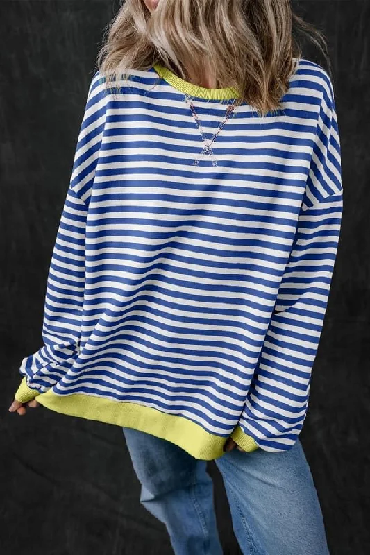 Striped Oversized Contrast Trim Pullover Sweatshirt