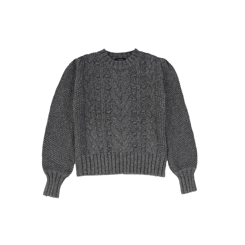 C14642-CABLE KNIT PUFF SLEEVE SWEATER-Grey